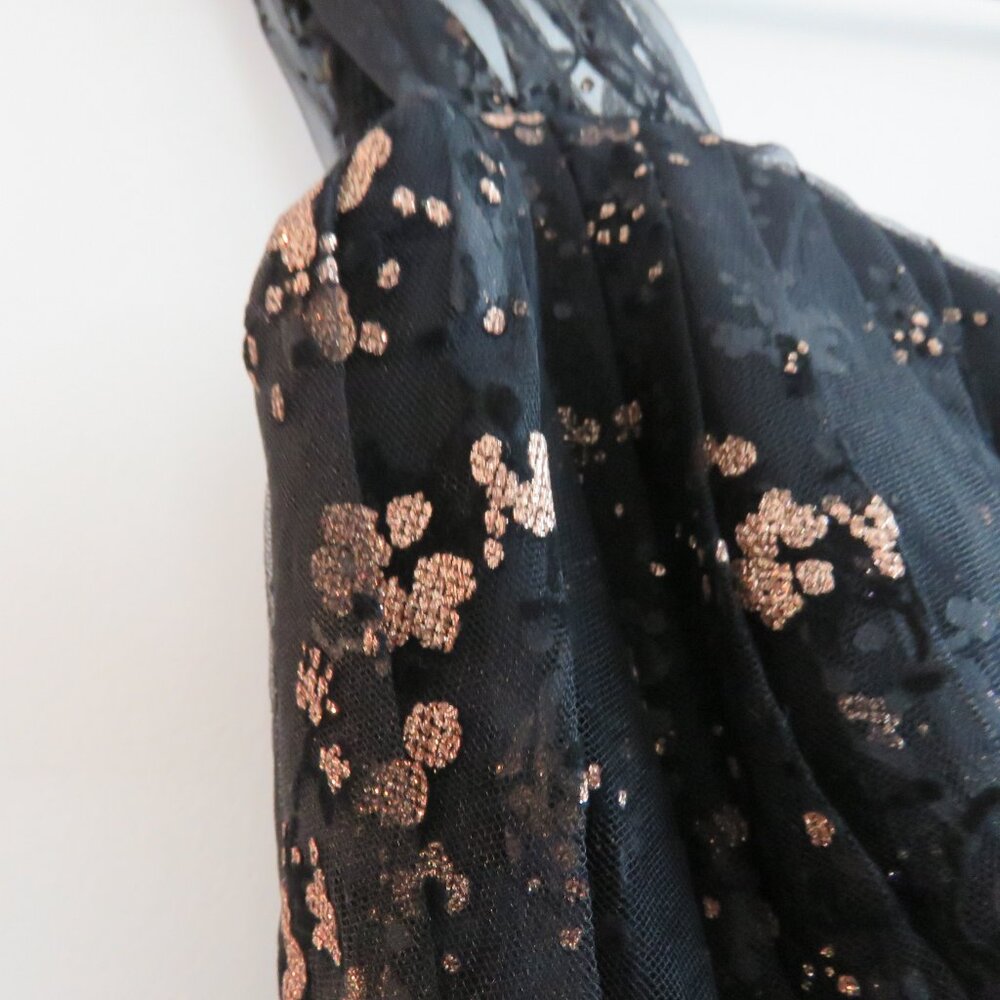 MARCHESA NOTTE Flocked Glitter Tulle Tea Length Dress Black Gold - Size 4 - Picture 9 of 15